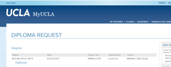 image showing degree conferral from UCLA: bachelor of arts, sociology, magna cum laude